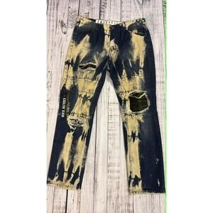 Encrypted Mens Acid Wash Distressed Camo Patch Streetwear Jeans  36